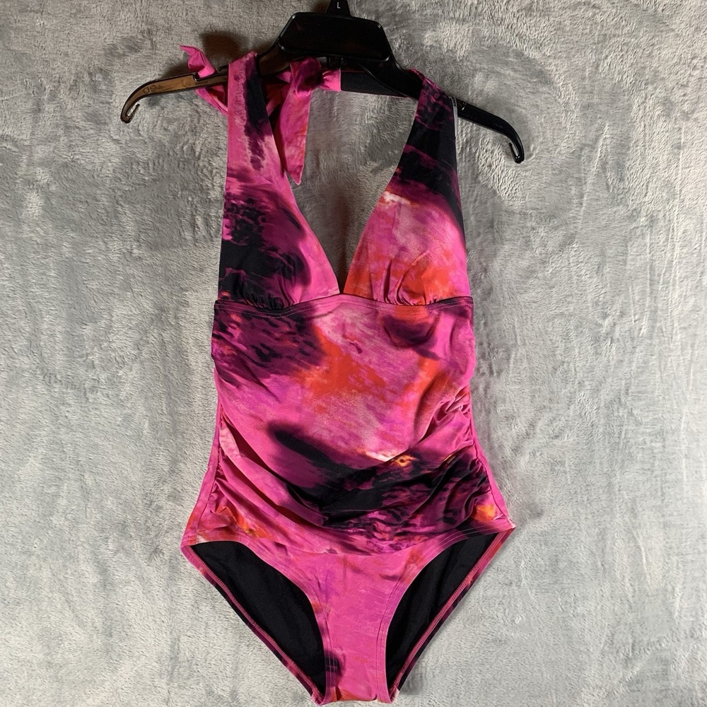 DKNY Women's Swimsuit‎ M One Piece Pink Abstract Mirage Halter Tie Neck NWT
